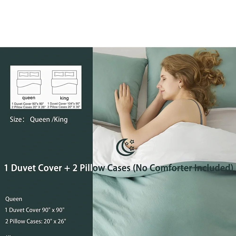 3 Pieces Cooling Duvet Cover Bedding Set, Reversible (Queen,White/Green)